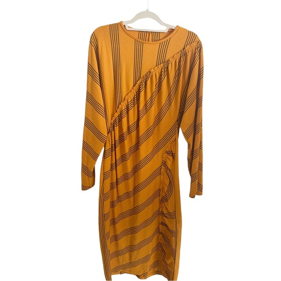 Zara collection Yellow Mustard Black Dress Midi Ruffled Ruched Dress L large - Picture 4 of 11